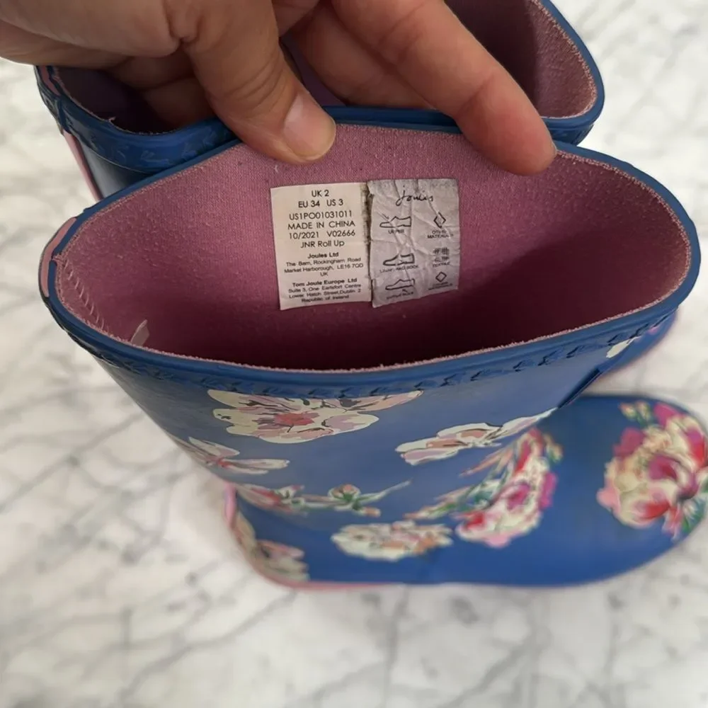 Joules Roll Up Blue Floral Wellingtons Rain boots Sz 3 Junior